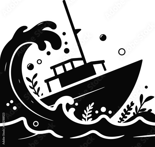 A black and white illustration depicting a boat navigating through rough seas with large waves crashing silhouette