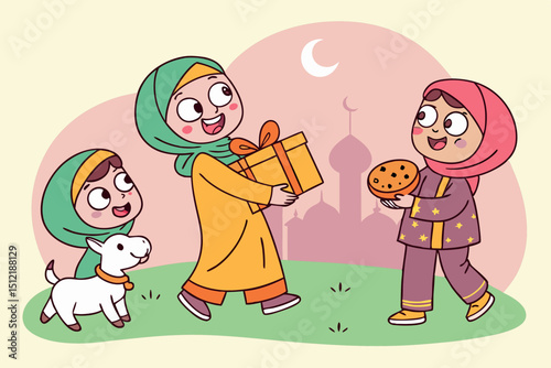 Cute cartoon illustration Diverse Muslim children exchanging Eid al-Adha gifts and cookies. One boy carries a mini toy goat, girls wear hijabs with Eid motifs. Bright colors, playful expression, flat 
