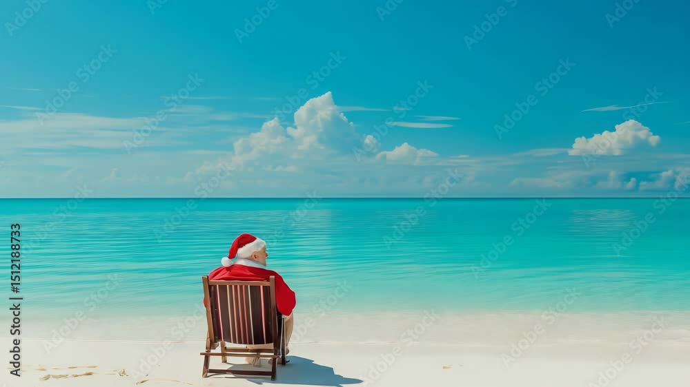 A man wearing a red outfit with a red and white hat is sitting in a striped beach chair on a white sandy beach, looking out onto the bright blue water and a blue sky filled with white clouds.
