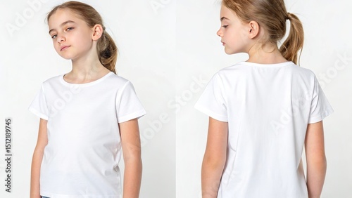 A young girl with white shirt front and back pose