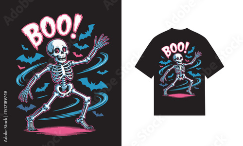 Spooky skeleton dancing halloween bats boo