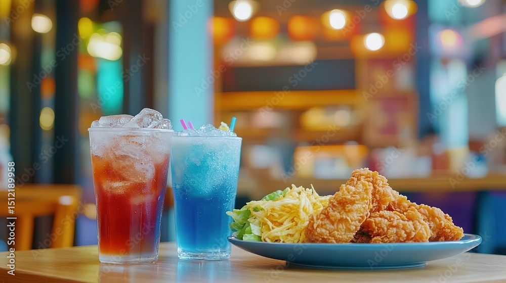 Fototapeta premium Colorful drinks and fried food on a table in a restaurant
