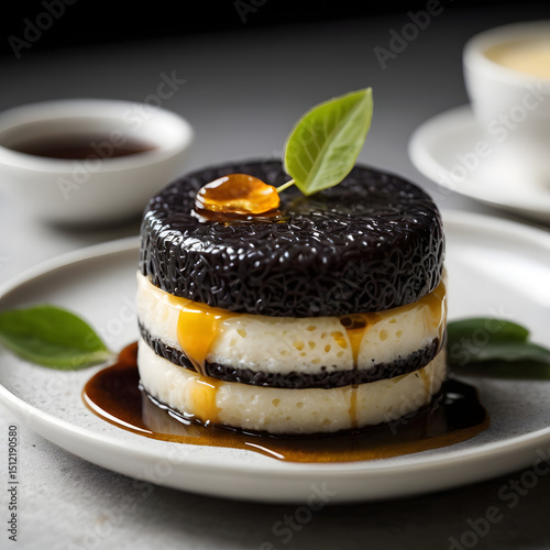 Indonesian food ketan keju lumer. Black sticky rice cake filled with creamy melted cheese