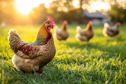 Chickens and hen walking on sunset grass field