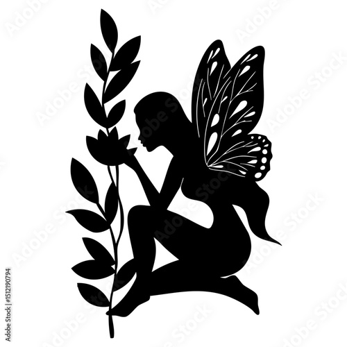 A graceful fairy silhouette in a meditative pose holding a lotus flower. Perfect for tattoo designs, spiritual symbols, or artistic graphic elements.