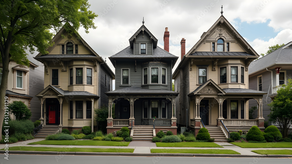 Victorian-style houses in a row. Ultra-realistic architectural details. Colorful facades and intricate trims. Explore the charm of Victorian neighborhoods. Victorian-style houses in a row. Ultra-realistic architectural details. Colorful facades and intricate trims. Explore the charm of Victorian neighborhoods.