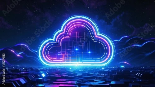 Cinematic Digital Cloud Computing Network with Neon Wireframe Clouds and Twinkling Stars in Futuristic Sci-Fi Nightscape – Video Download