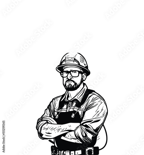 Construction worker with hardhat and arms crossed isolated on white background. Silhouette Art
