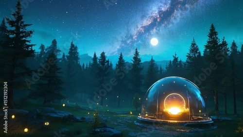 Cozy Dome Tent Under Milky Way Night Sky with Pine Forest and Fireflies, Atmospheric Lighting, Serene Landscape – Video Download