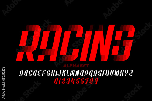 Racing. Sport style font, alphabet letters and numbers vector illustration
