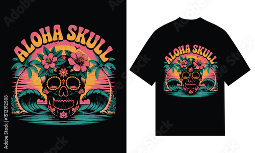 Aloha skull tropical sunset beach skull design