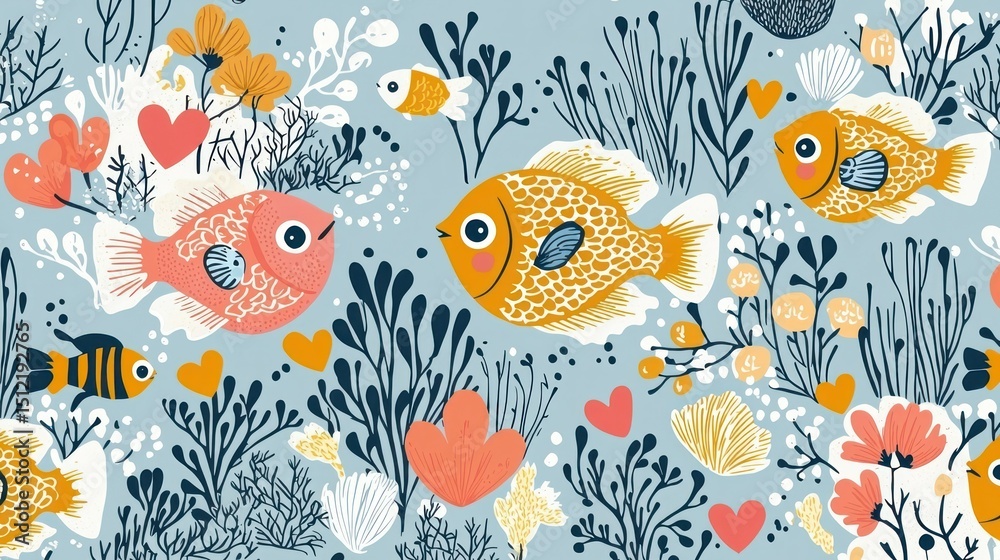 Fototapeta premium Underwater garden with playful fish and hearts