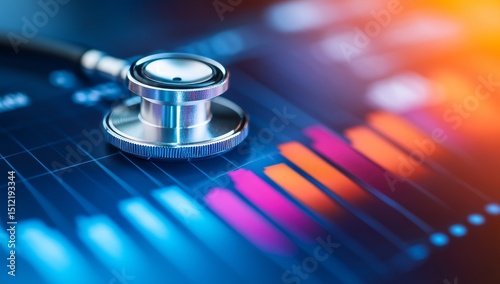 A stethoscope and laptop computer symbolize the healthcare business, accompanied by a medical financial graph growth chart, highlighting data analysis, health business finance, and investment