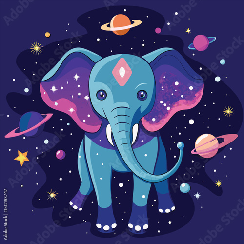 Cartoon Elephant Under the Moonlight at Night