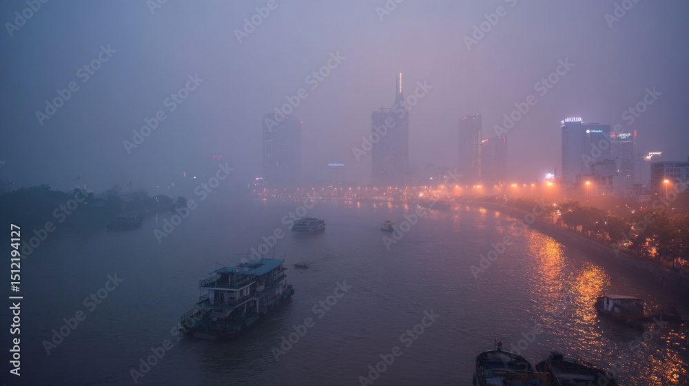 Naklejka premium Misty Cityscape: Boats on a Foggy River at Dusk