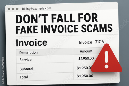 A cautionary image highlighting a fake invoice scam with bold text and warning alerts. Useful for educational materials on fraud prevention and financial safety.