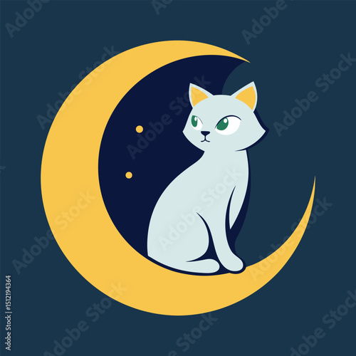 A celestial cat on the moon gazes across the starry night