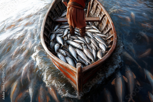 Peter returning to shore in a wooden fishing boat overflowing with fish. His face shows awe and humility as he realizes the miraculous catch.