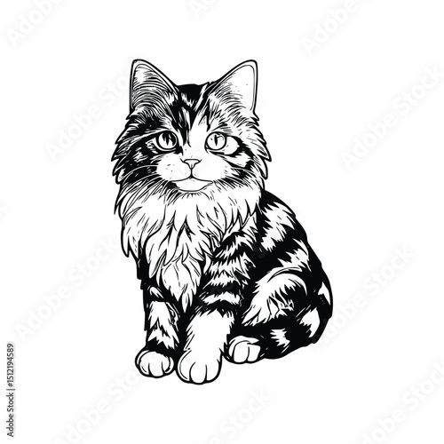 A cute fluffy cat sitting and looking forward isolated on white background. Silhouette Art