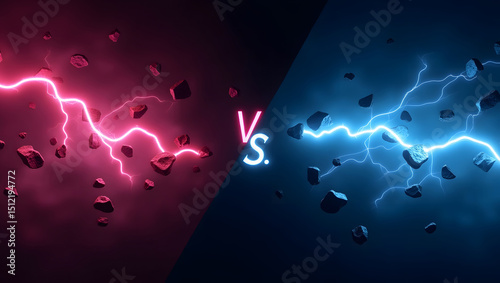 Versus (VS) Battle Screen with Red and Blue Lightning, Exploding Rocks, and Dark Background