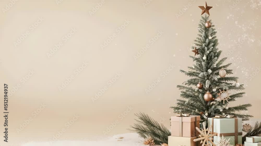 Cozy Christmas scene featuring a decorated tree adorned with ornaments and a star, surrounded by presents on a snowy surface. Snowflakes gently fall, creating a warm holiday ambiance.