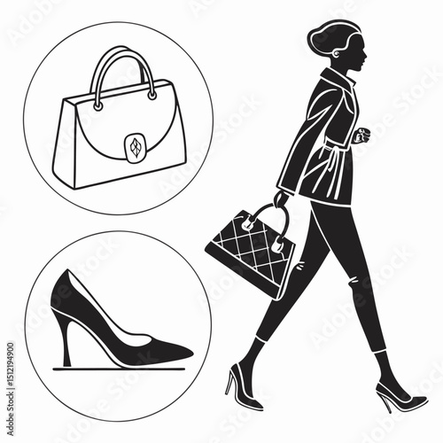 Fashion silhouette woman walking with handbag and shoes isolated on white background isolated on transparent background