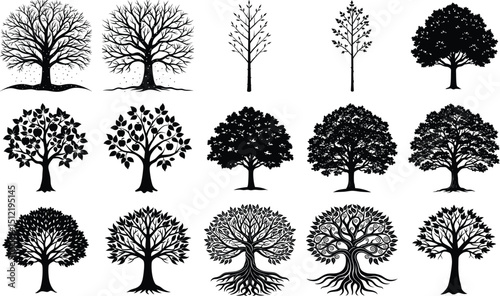 Elegant black and white tree silhouettes in various styles perfect for nature design and graphic projects