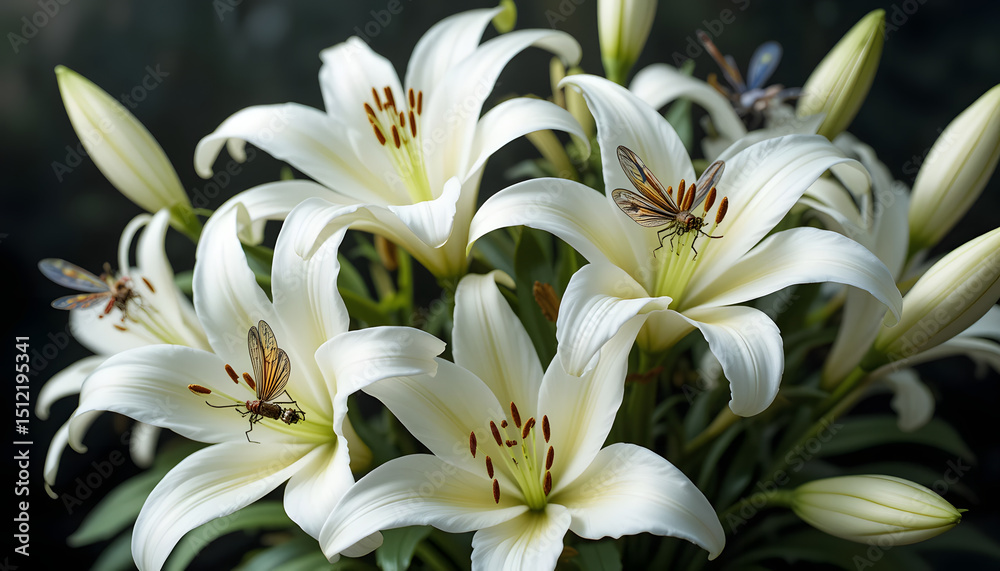 Fototapeta premium Title: White Lilies in Bloom with Delicate Butterflies on Dark Background, Elegant Floral Scene