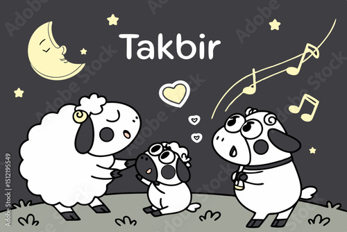 Cute midnight celebration Silhouettes of round-eyed animal families (sheep, cows) howling ‘Takbir’ together under a starry sky. Soundwaves form heart-shaped constellations. Mini lanterns float around 