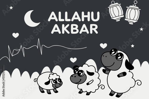 Cute midnight celebration Silhouettes of round-eyed animal families (sheep, cows) howling ‘Takbir’ together under a starry sky. Soundwaves form heart-shaped constellations. Mini lanterns float around 