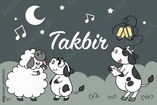 Cute midnight celebration Silhouettes of round-eyed animal families (sheep, cows) howling ‘Takbir’ together under a starry sky. Soundwaves form heart-shaped constellations. Mini lanterns float around 