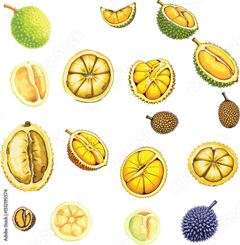 Collection of colorful durian line art vector silhouettes, hand drawn sketches and coloring pages.

