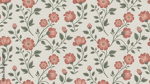 Seamless dusty rose floral pattern with green leaves