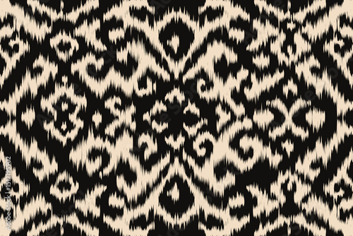 Seamless cream and black ikat pattern background with ethnic tribal design. Traditional handwoven textile style for fabric, fashion, home decor, wallpaper, wrapping, and digital prints.