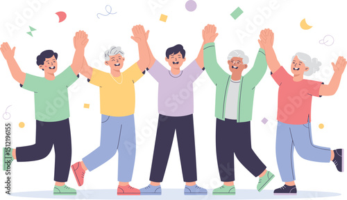 appy diverse elderly people raising hands together in celebration, unity, and joy – cartoon group illustration showing cheerful seniors enjoying community, friendship, and togetherness