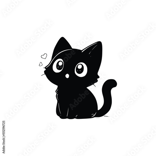 Cute black cat kitten with hearts isolated on white background. Silhouette Art