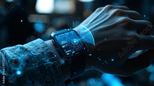 Close-up of futuristic wrist-worn radar hologram scanning surroundings with digital sweep