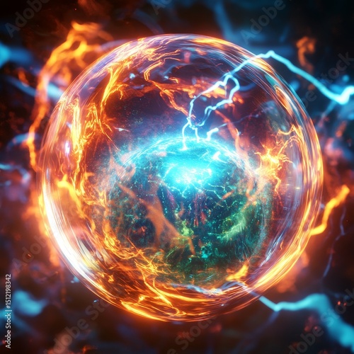 quantum futuristic computer animation abstract pastel tone light sphere ball and light blue core with power atom moving by infinity of orange fire green nature and blue thunder energy