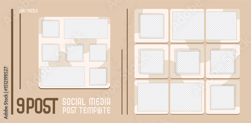 Stylish Puzzle Post Template with 9 Editable Photo Frames and Beige Neutral Background, Minimal Grid Layout for Visual Content, Branding, and Promotional Design Use on Social Media Platforms