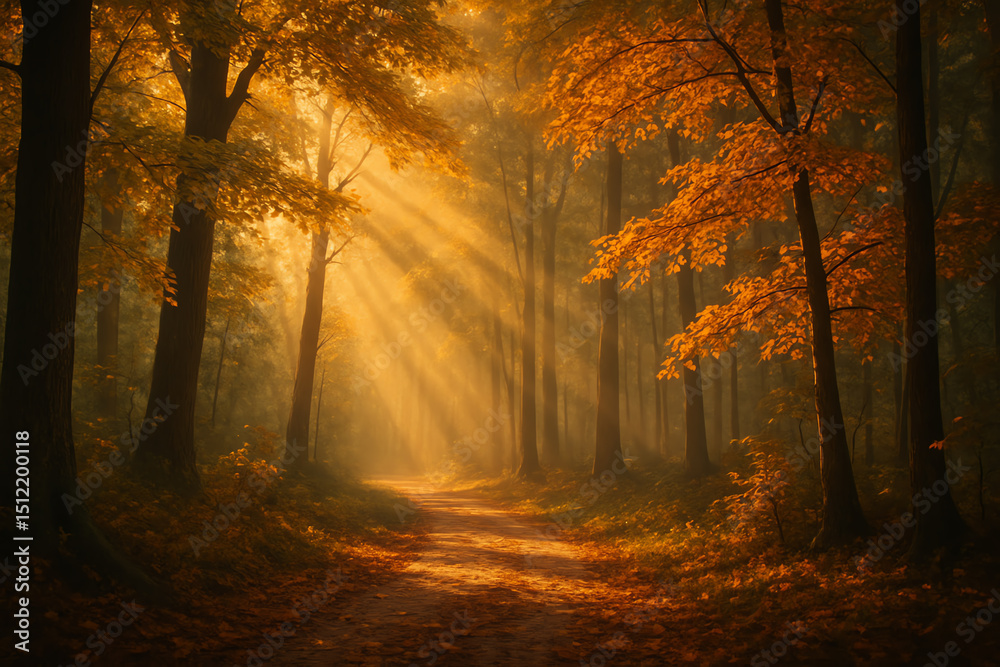 Obraz premium A serene forest scene capturing autumn's golden glow. Sunlight filters through trees, illuminating a tranquil path covered with fallen leaves, inviting peaceful reflection.