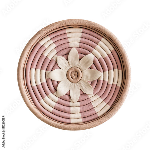  Decorative handwoven wall basket in light blush pink and ivory tones,