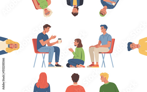 Group of People Talking and Listening in Casual Setting – Flat Vector Illustration of Conversation, Coffee Time, Social Interaction, Teamwork, Education, or Support Group