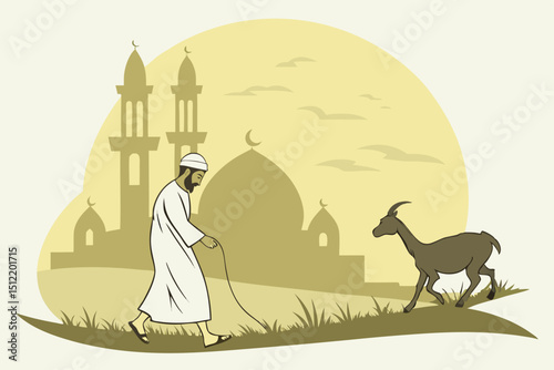 Early morning scene A man in white ihram and kopiah gently leading a healthy goat to Eid prayer. Misty atmosphere, golden sunrise over minarets, dew on grass. Soft focus, cinematic lighting, emotive c