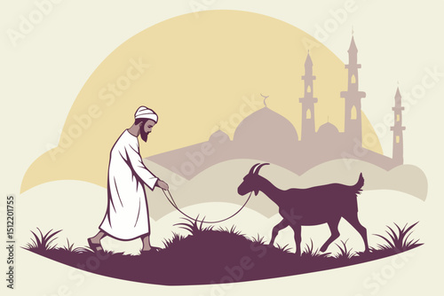 Early morning scene A man in white ihram and kopiah gently leading a healthy goat to Eid prayer. Misty atmosphere, golden sunrise over minarets, dew on grass. Soft focus, cinematic lighting, emotive c