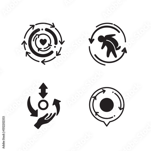 Collection of black and white circular arrow concepts illustrating different process metaphors and symbols