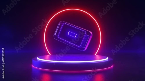 Glowing Neon Circle and Hexagon Floating Platform with Red & Blue Lights on Dark Blue Background – Video Download