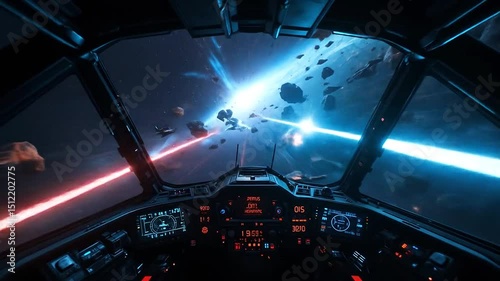 Dynamic cockpit shot showing deep space battlefield, explosions reflecting off cockpit glass