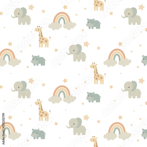 Cute vector seamless patterns with giraffe, elephant, hippopotamus, rainbows, stars on white background.