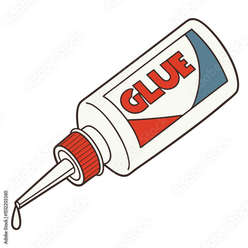 Bottle of white glue with red and blue label dripping