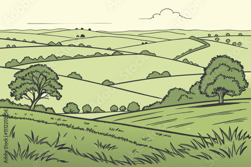 Green grass field on small hills. Meadow, alkali, lye, grassland, pommel, lea, pasturage, farm. Rural scenery landscape panorama of countryside pastures. Vector sketch line illustration
